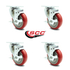 Service Caster 4 Inch Red Polyurethane Wheel Swivel Top Plate Caster Set with Brake SCC SCC-20S414-PPUB-RED-TLB-TP3-4